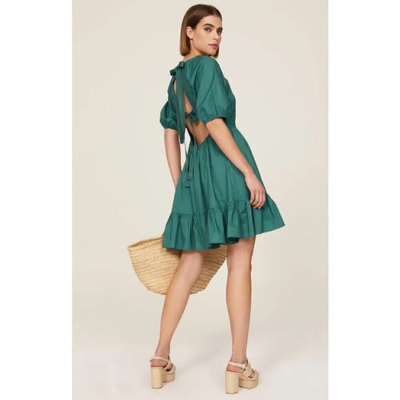 Peter Som Collective Puff Sleeve Dress Open Tie Back Cotton Mini Green Size 8 - Picture 2 of 13